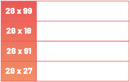 Columna 1: 28 x 99, 28 x 18, 28 x 91, 28 x 27. Columna 2: vacía.